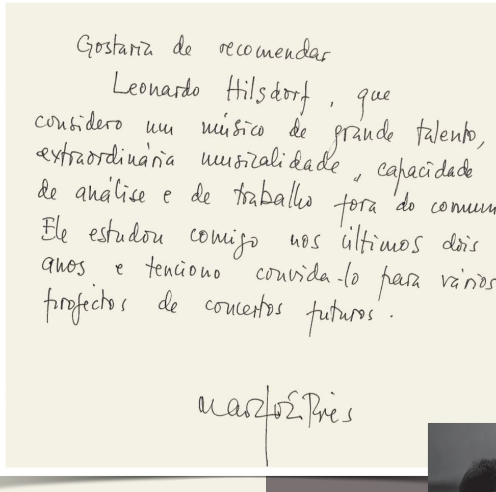 Carta manuscrita de recomendação de Maria João Pires sobre Leonardo Hilsdorf
